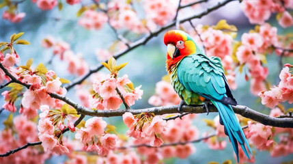 Macaw parrot on branch with beautiful flower - obrazy, fototapety, plakaty