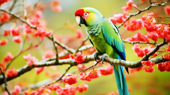 Macaw parrot on branch with beautiful flower