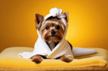 Yorkshire terrier wrapped in a white terry towel on a pillow, blurred background. Pet spa, dog grooming, pet grooming. Spa salon for pets