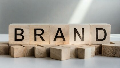 the word "Brand" formed by wooden cube letter blocks, artistically arranged on a pristine white surface. 
