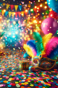 Carnival Party - Venetian mask with colorful streamers and confetti in the background
