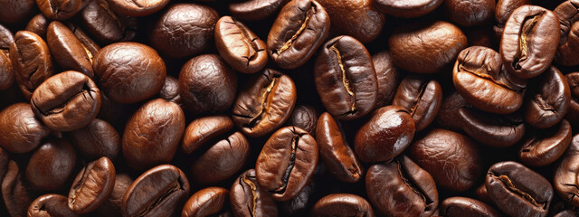 Close-up, high-quality image of densely packed, roasted coffee beans that highlight their texture...