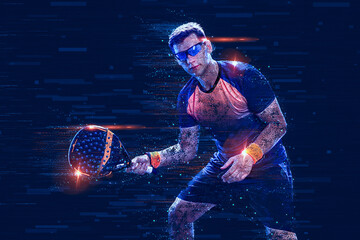Padel tennis player. Padel open tour. Man athlete with paddle tenis racket and ball on blue...