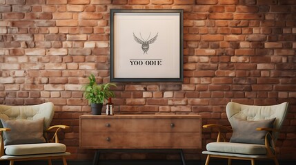 Mockup poster blank frame above retro chest drawers on a brick wall in a cozy lounge