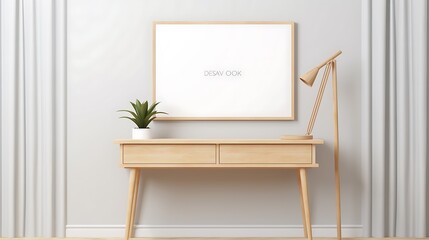 Mockup poster blank frame above a light wooden Scandinavian console table
