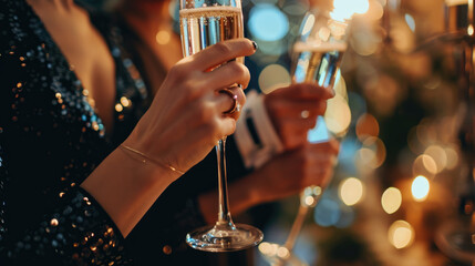 Close-up of two people in formal attire toasting with champagne glasses.