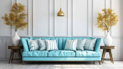White wooden wall with blue sofa in the living room