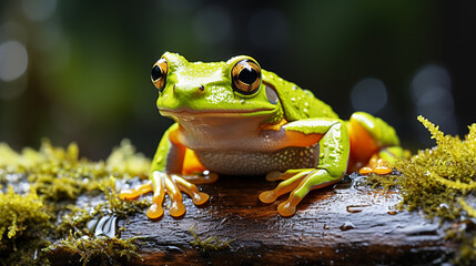Frog on log with water drops