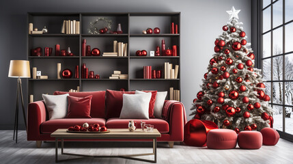 living room with christmas tree decorations and red sofa