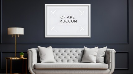 Mockup poster blank frame on a feature wall with metallic accents in an elegant lounge