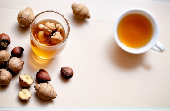 Glass of tea with floating nuts and a selection of whole nuts on a light wooden surface