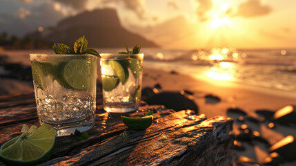 Two glasses of refreshing iced drink, garnished with mint leaves and lime slices, placed on a rustic wooden table with a soft-focus background