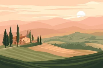 A tranquil Tuscan landscape at sunset, with rolling hills, a traditional farmhouse, and tall cypress trees in soft pastel hues. Generative AI