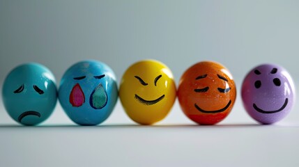 Colored balls close-up in a row with different emotions
