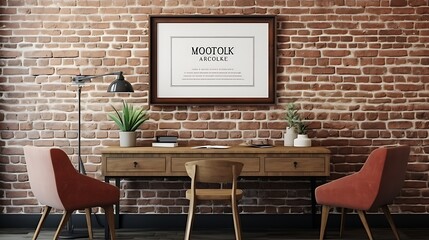 Mockup poster blank frame above retro chest drawers on a brick wall in a cozy lounge