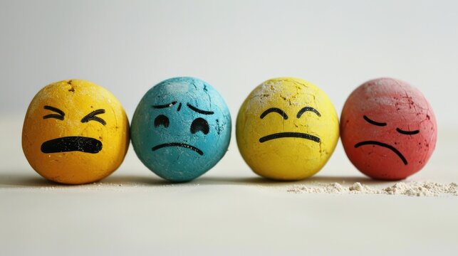Colored sad balls close-up in a row