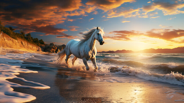 White horse running on the beach with sunlight