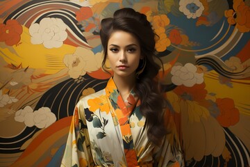 Ethereal Japanese model in a modern hanbok, surrounded by abstract geometric patterns on a pastel yellow backdrop