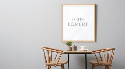 Mockup poster blank frame above a minimalist Scandinavian-style dining set