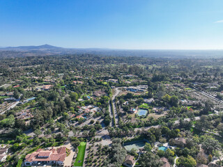Aerial view over Rancho Santa Fe super wealthy town in San Diego, California, USA
