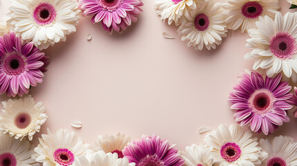 Floral frame with white and light purple gerbera daisies flowers on beige background - Generative AI