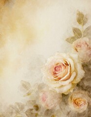 Old paper confectionery pastel background with golden beige rose flowers and copyspace. 