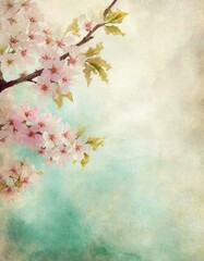 Obraz na płótnie Canvas Old paper confectionery pastel background with blooming cherry tree flowers and copyspace.