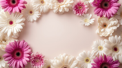 Frame of white and light pink gerberas. white and light pink flowers for greeting card for valentine's Day, women's Day, mother's day. Copy space for text - Generative AI