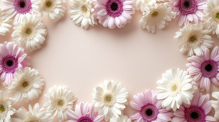 light lavender and white daisy-gerbera flowers create frame on beige background - Generative AI