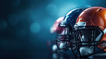 American football helmet on dark background. Team sport concept. copy space. space for text. American football background, super bowl - Generative AI