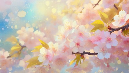 Opalizing pastel background with blooming cherry tree flowers, bokeh light and copyspace. 