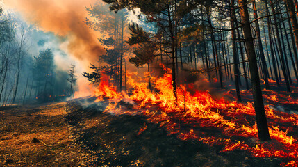 Intense Forest Fire with Smoke and Flames, Wildfire Disaster in Natural Environment, Ecological Danger Concept