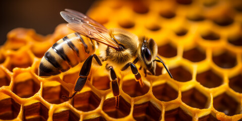 Honeybee working diligently on golden honeycomb, close-up view