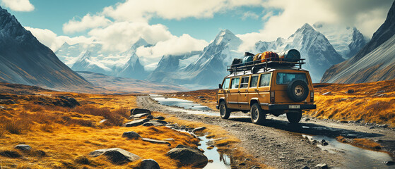 Van car on road with mountain background - obrazy, fototapety, plakaty