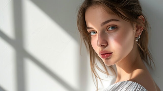 Studio photo of a model in high-key lighting, emphasizing a clean and bright aesthetic, models, high-key studio, hd, bright with copy space
