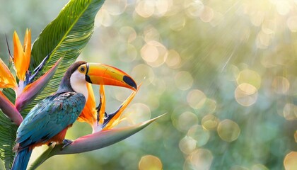 Obrazy  Opalizing pastel tropical jungle background with a toucan bird, strelitzia flower and green leaves. Copyspace, bokeh light.  