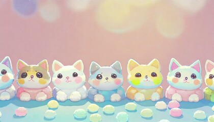 Pastel background with colorful happy cute cat toys in Japanese anime fairytale style.
