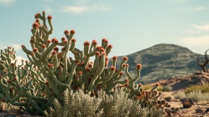 Fototapeta premium Santa Fe with a close-up of a looming cholla cactus in the desert, showcasing the unique beauty of the southwestern landscape.