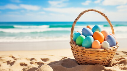 Painted easter eggs in wicker basket at the sand ocean beach. Copy space