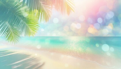 Fototapeta na wymiar Paradise beach landscape as background. Pastel vivid colours, copyspace, tropical palm tree, glittering bokeh light. 