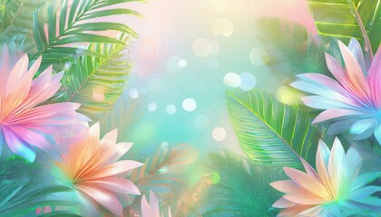 Fototapeta na wymiar Opalizing pastel background with colorful tropical jungle leaves and flowers. Copyspace, bokeh effect. 