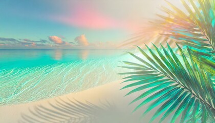 Paradise beach landscape as background. Pastel vivid colours, copyspace, tropical palm tree leaves, glittering sea water. 