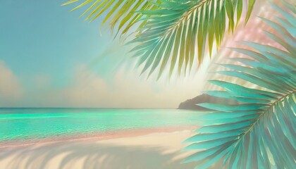 Fototapeta na wymiar Paradise beach landscape as background. Pastel vivid colours, copyspace, tropical palm tree leaves, glittering sea water. 