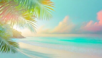 Paradise beach landscape as background. Pastel vivid colours, copyspace, tropical palm tree leaves, glittering sea water. 