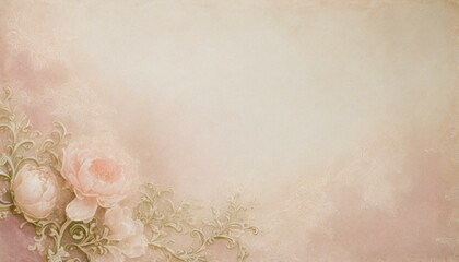Old paper textured confectionery pastel beige background with rose flowers and copyspace. 