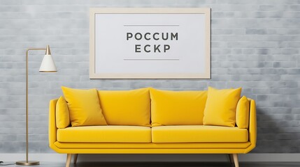 Mockup poster blank frame above a vibrant yellow sofa in a modern living space