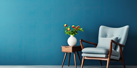Vintage armchair with a magazine and vase on a cozy wooden table, against a blue wall and wooden floor with empty space on top.