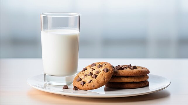 delicious cookies with chocolate arranged on a white plate, accompanied by a glass of fresh milk on a light table, suggesting an appealing idea for a children's breakfast or snack.