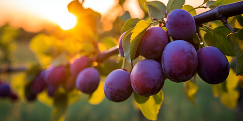 Sunrise Glow Ripe and Succulent Plums in a Fruit Orchard  Ripe plums on a tree branch in the garden at sunset.