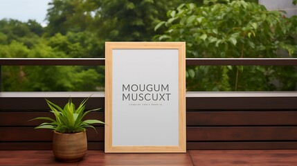 Mockup poster blank frame among plants on a minimalist balcony with wooden flooring